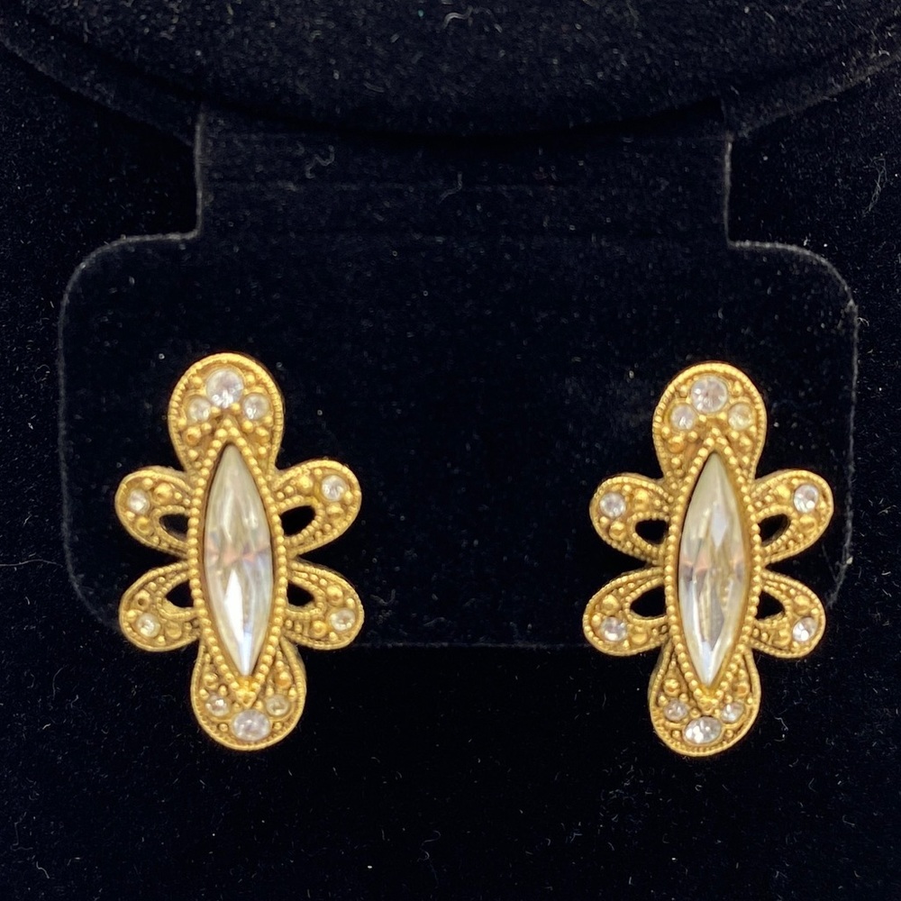 Abstract Gold Tone and Clear Stone Stud Earrings